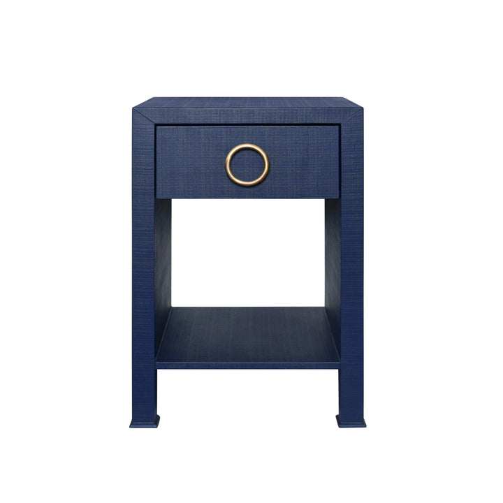One Drawer Side Table With Antique Brass Circle Hardware In Textured Navy Linen - MALCOLM NVY