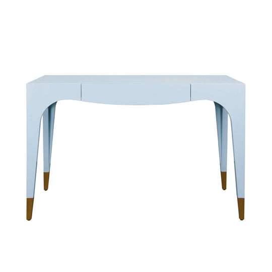 Tapered Leg, One Drawer Desk With Antique Brass Foot Caps In Light Blue Lacquer - MANDI LB