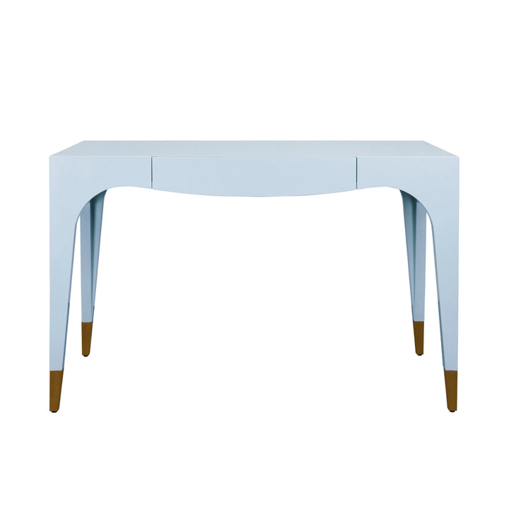 Tapered Leg, One Drawer Desk With Antique Brass Foot Caps In Light Blue Lacquer - MANDI LB