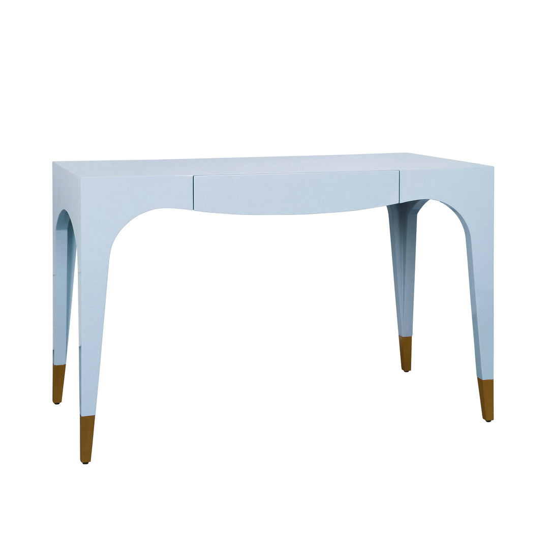 Tapered Leg, One Drawer Desk With Antique Brass Foot Caps In Light Blue Lacquer - MANDI LB