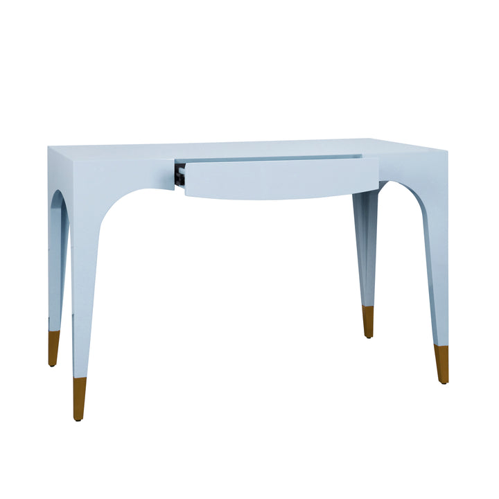 Tapered Leg, One Drawer Desk With Antique Brass Foot Caps In Light Blue Lacquer - MANDI LB