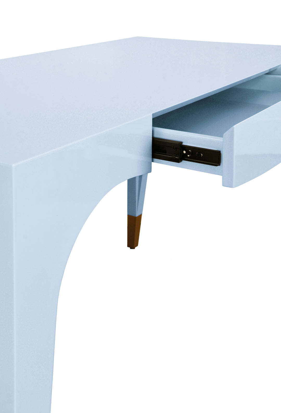 Tapered Leg, One Drawer Desk With Antique Brass Foot Caps In Light Blue Lacquer - MANDI LB