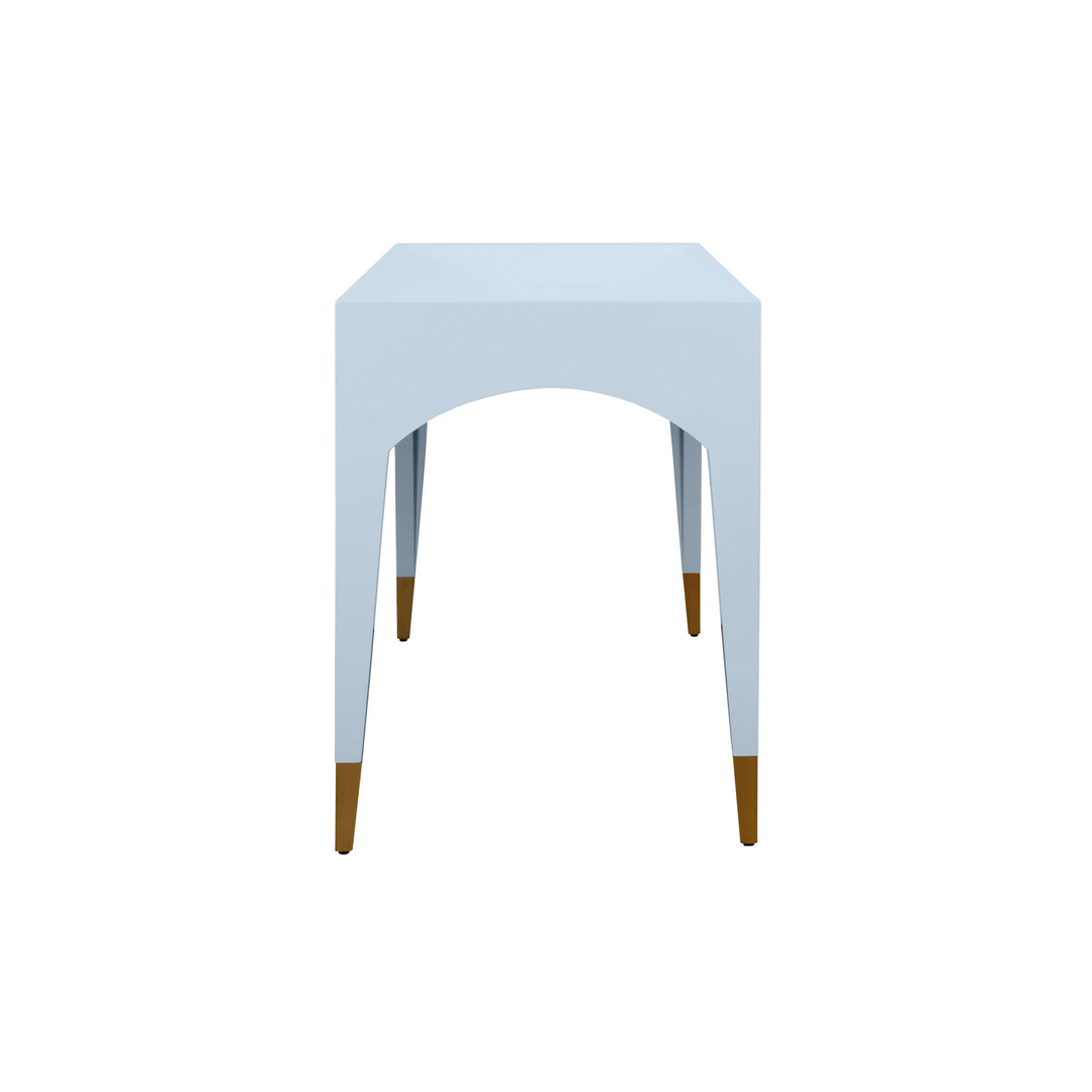 Tapered Leg, One Drawer Desk With Antique Brass Foot Caps In Light Blue Lacquer - MANDI LB