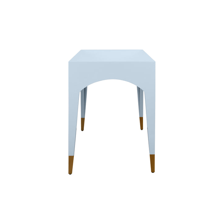Tapered Leg, One Drawer Desk With Antique Brass Foot Caps In Light Blue Lacquer - MANDI LB