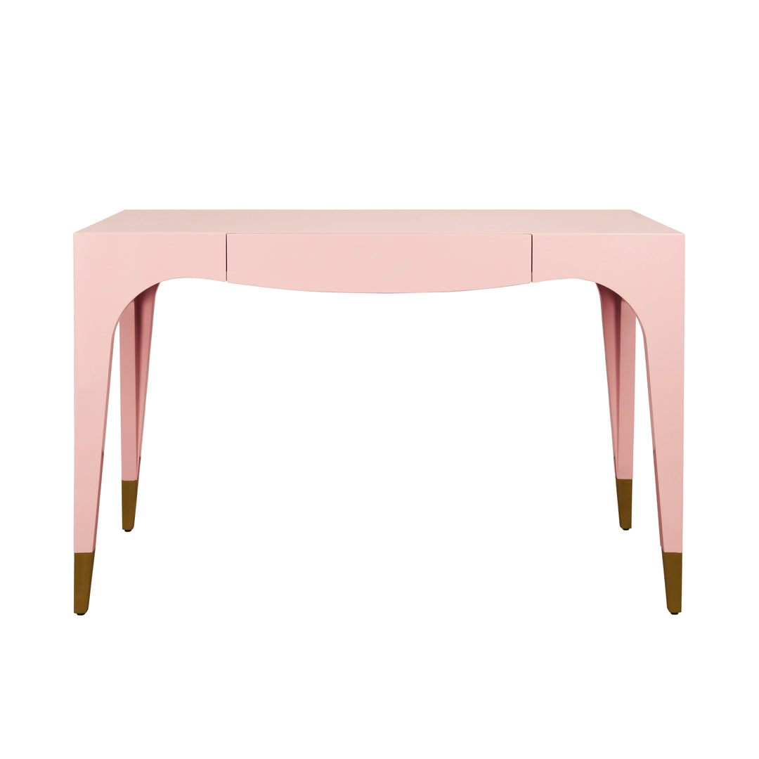 Tapered Leg, One Drawer Desk With Antique Brass Foot Caps In Pink Lacquer - MANDI PI