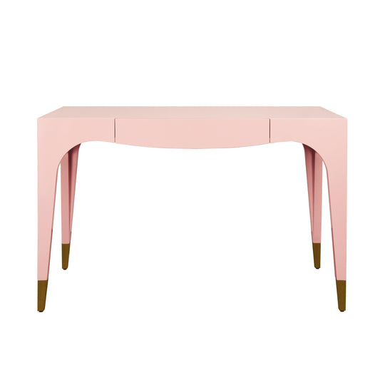 Tapered Leg, One Drawer Desk With Antique Brass Foot Caps In Pink Lacquer - MANDI PI