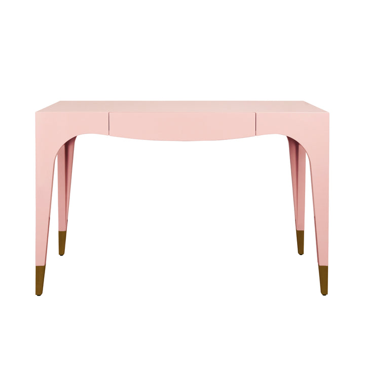 Tapered Leg, One Drawer Desk With Antique Brass Foot Caps In Pink Lacquer - MANDI PI