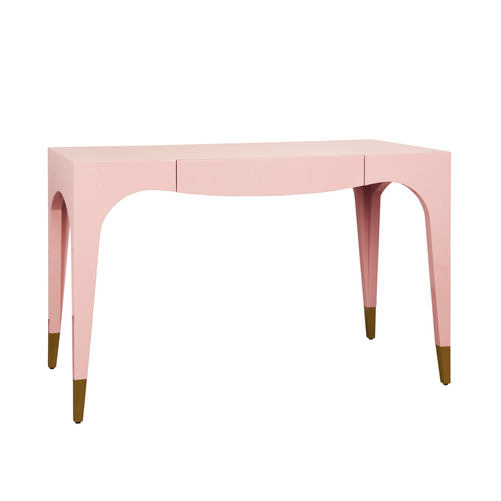 Tapered Leg, One Drawer Desk With Antique Brass Foot Caps In Pink Lacquer - MANDI PI