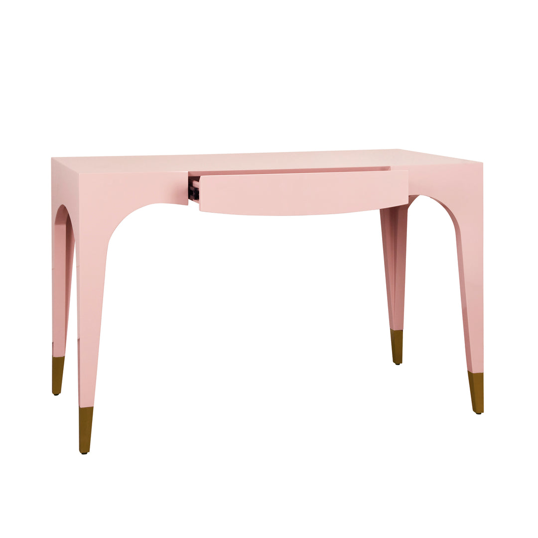 Tapered Leg, One Drawer Desk With Antique Brass Foot Caps In Pink Lacquer - MANDI PI