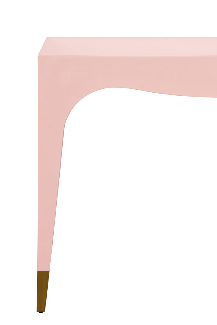 Tapered Leg, One Drawer Desk With Antique Brass Foot Caps In Pink Lacquer - MANDI PI