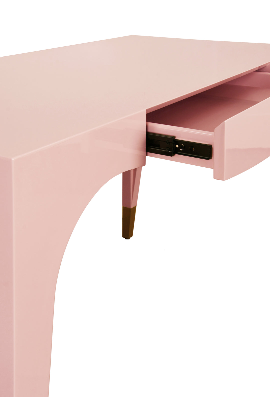 Tapered Leg, One Drawer Desk With Antique Brass Foot Caps In Pink Lacquer - MANDI PI