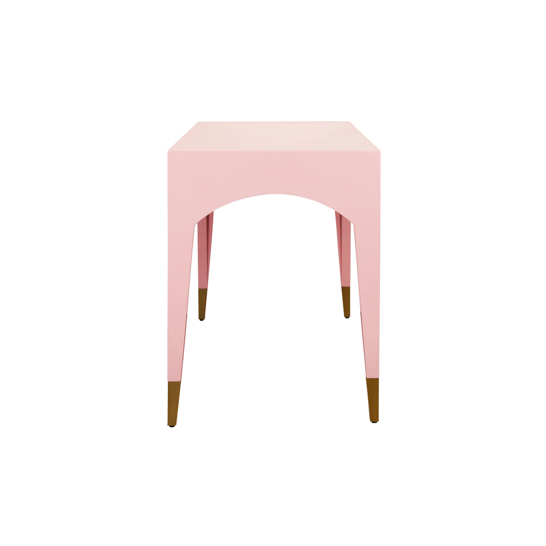 Tapered Leg, One Drawer Desk With Antique Brass Foot Caps In Pink Lacquer - MANDI PI