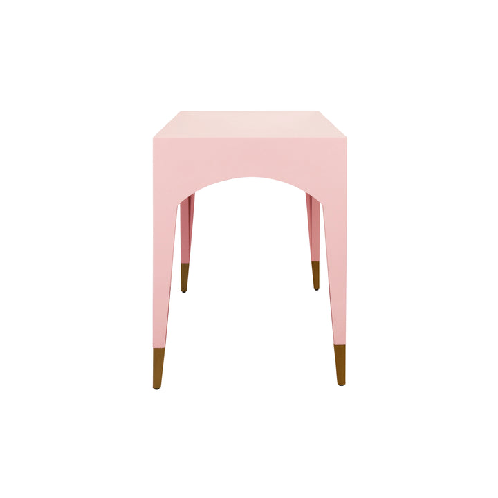 Tapered Leg, One Drawer Desk With Antique Brass Foot Caps In Pink Lacquer - MANDI PI