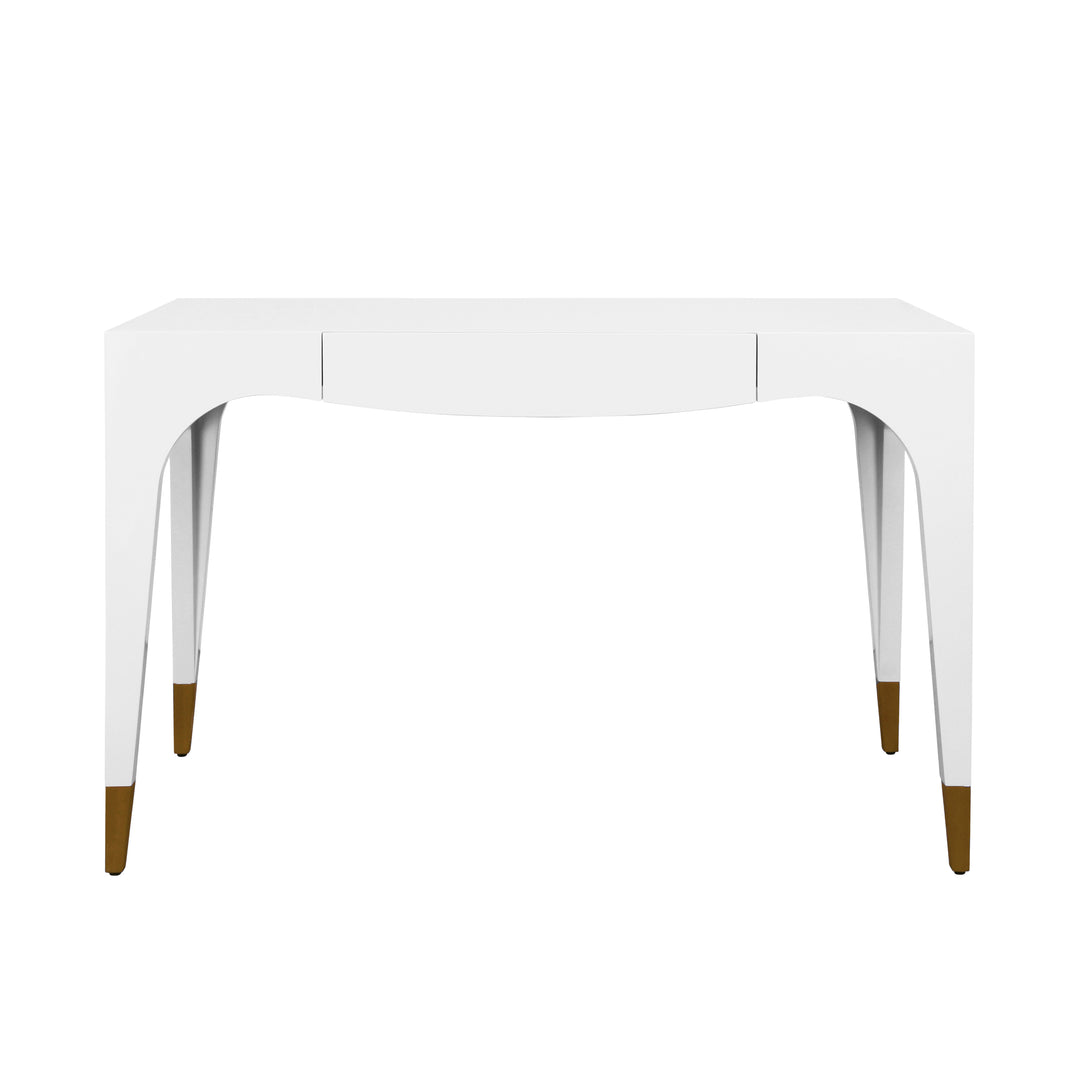 Tapered Leg, One Drawer Desk With Antique Brass Foot Caps In White Lacquer - MANDI WH