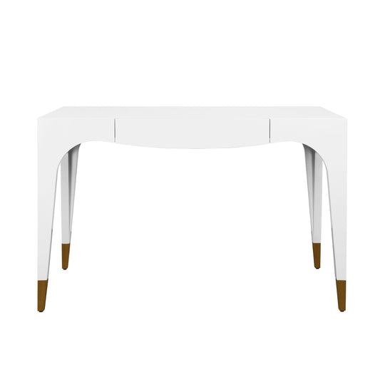 Tapered Leg, One Drawer Desk With Antique Brass Foot Caps In White Lacquer - MANDI WH