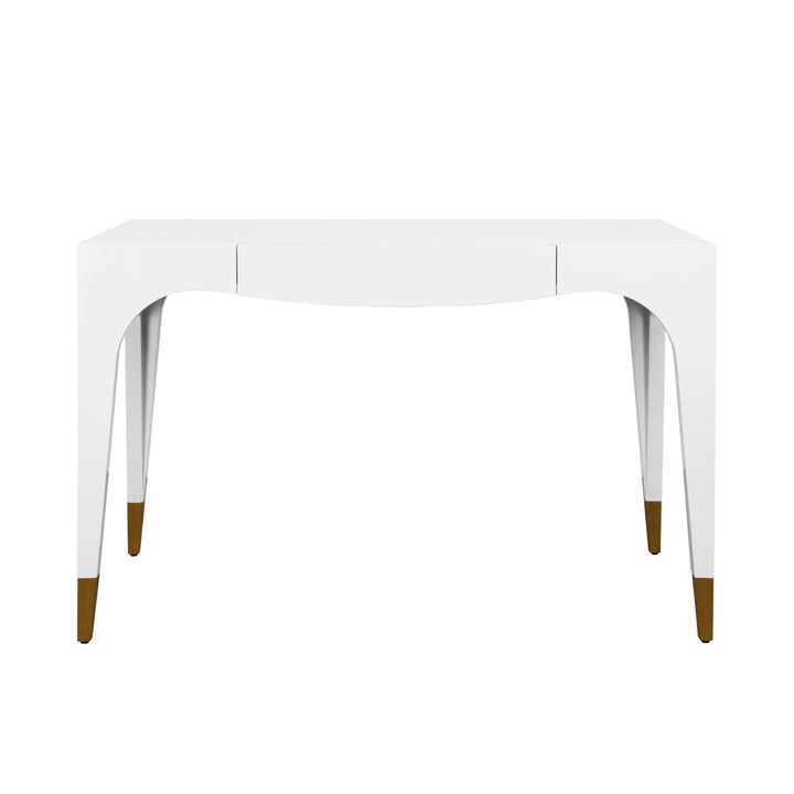 Tapered Leg, One Drawer Desk With Antique Brass Foot Caps In White Lacquer - MANDI WH