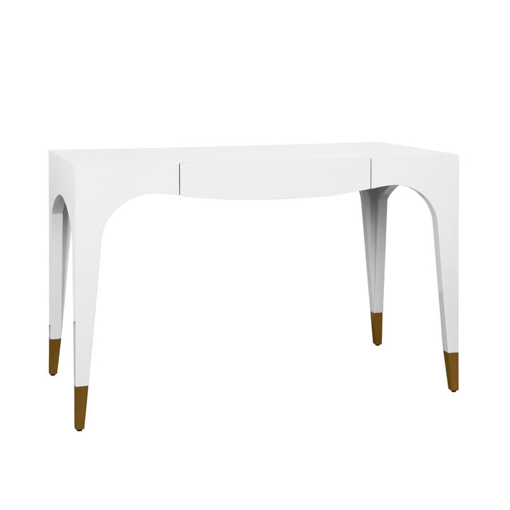 Tapered Leg, One Drawer Desk With Antique Brass Foot Caps In White Lacquer - MANDI WH