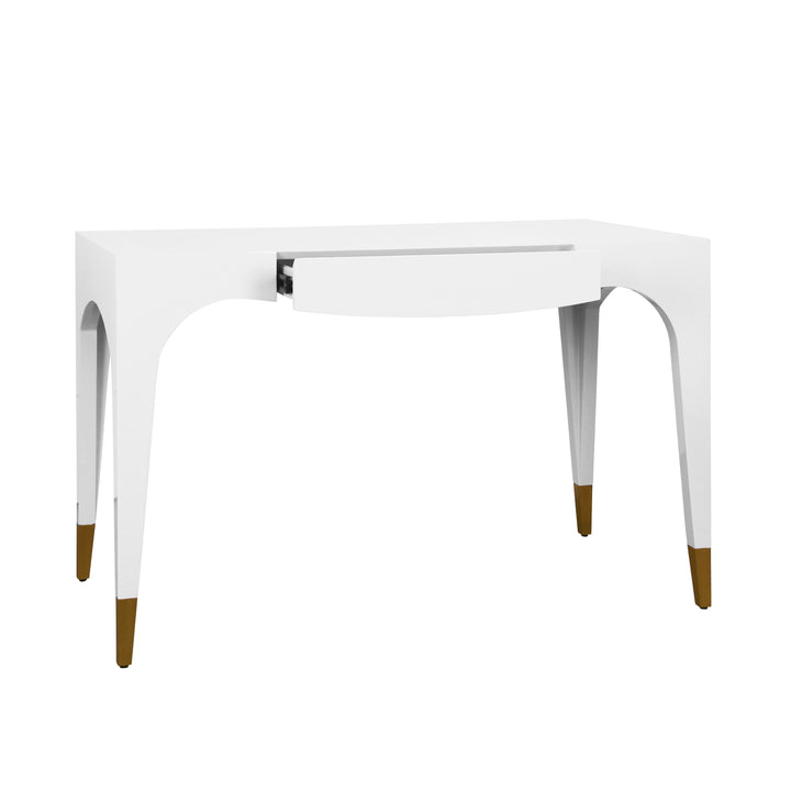 Tapered Leg, One Drawer Desk With Antique Brass Foot Caps In White Lacquer - MANDI WH