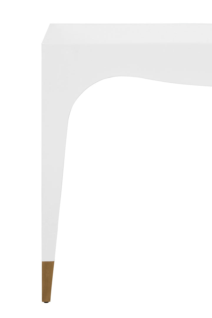 Tapered Leg, One Drawer Desk With Antique Brass Foot Caps In White Lacquer - MANDI WH