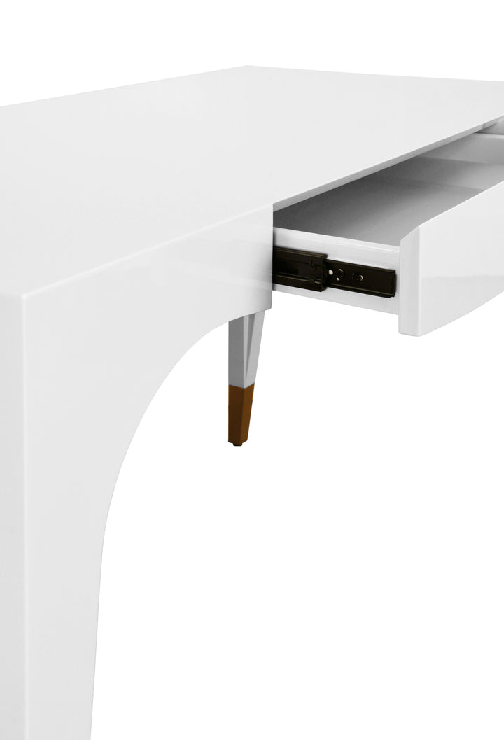 Tapered Leg, One Drawer Desk With Antique Brass Foot Caps In White Lacquer - MANDI WH