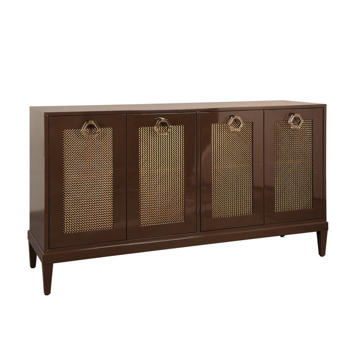 Four Door Buffet With Brass Mesh Grill Door Fronts In Chocolate Brown Lacquer - MARCELLA CH