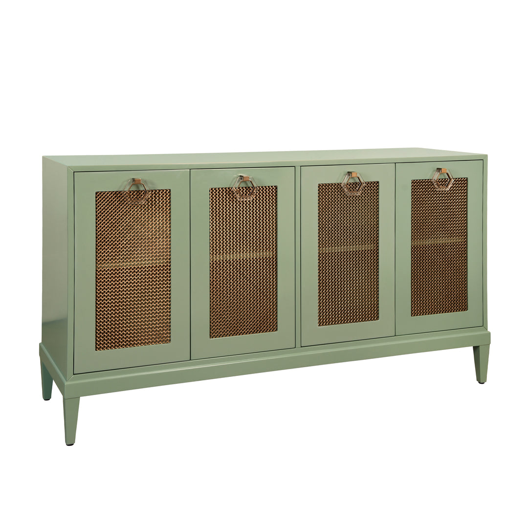 Four Door Buffet With Brass Mesh Grill Door Fronts In Green Lacquer - MARCELLA GR