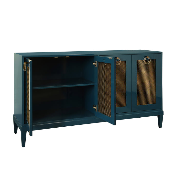 Four Door Buffet With Brass Mesh Grill Door Fronts In Teal Lacquer - MARCELLA TL