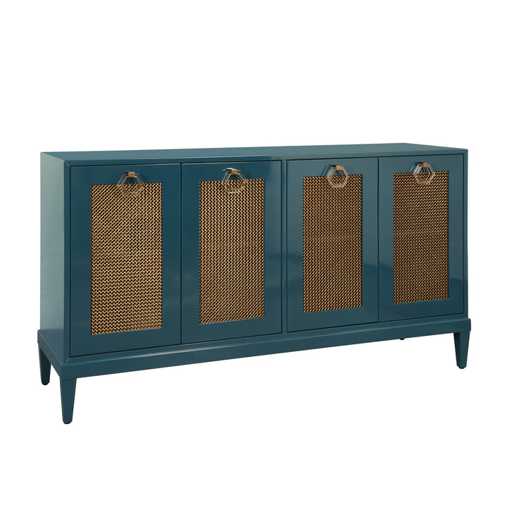 Four Door Buffet With Brass Mesh Grill Door Fronts In Teal Lacquer - MARCELLA TL