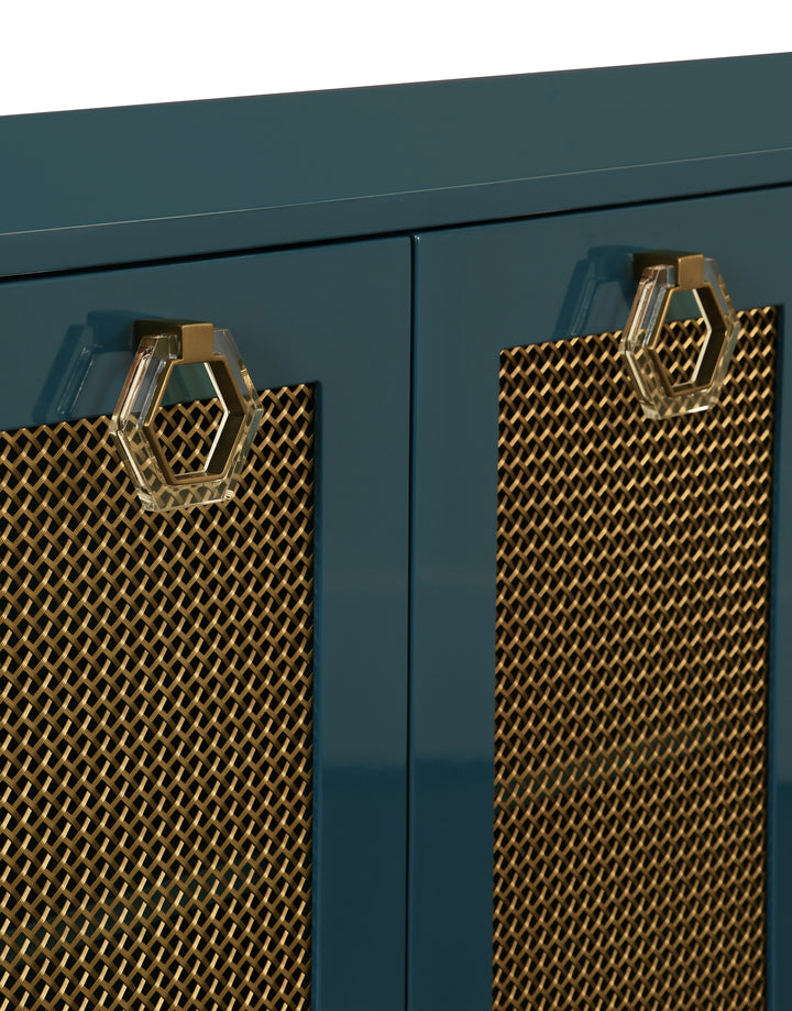 Four Door Buffet With Brass Mesh Grill Door Fronts In Teal Lacquer - MARCELLA TL