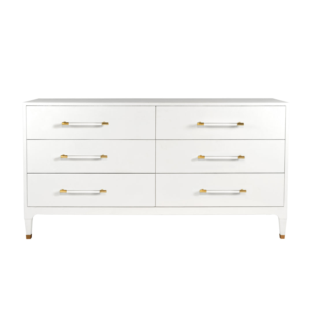 Six Drawer Chest In Textured White Linen With Antique Brass And Acrylic Hardware - MAREN WHL
