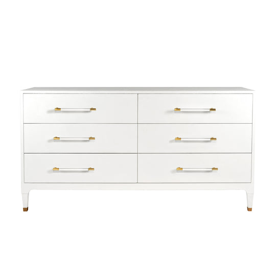 Six Drawer Chest In Textured White Linen With Antique Brass And Acrylic Hardware - MAREN WHL