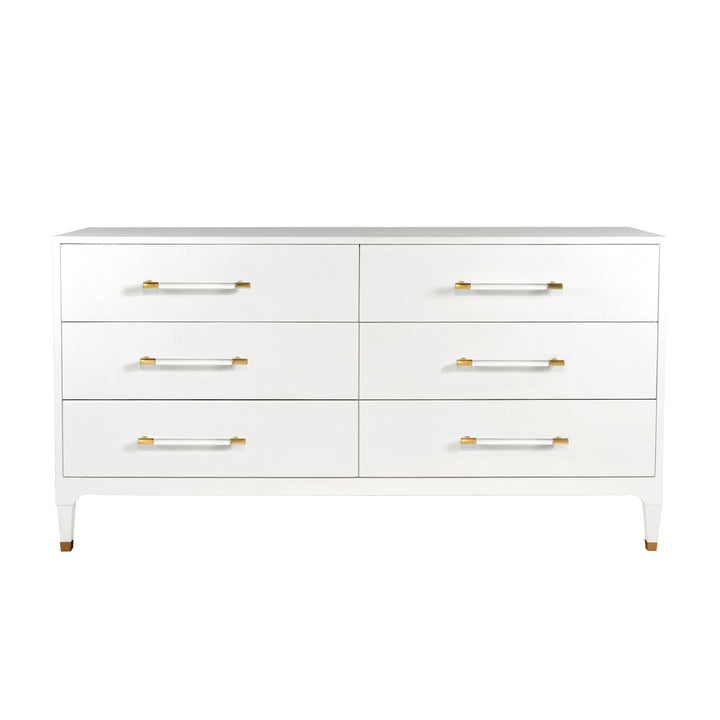 Six Drawer Chest In Textured White Linen With Antique Brass And Acrylic Hardware - MAREN WHL