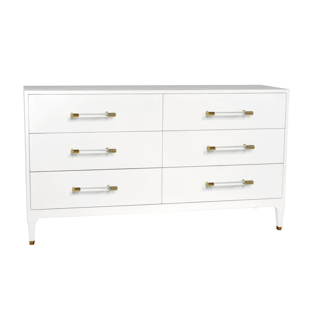 Six Drawer Chest In Textured White Linen With Antique Brass And Acrylic Hardware - MAREN WHL