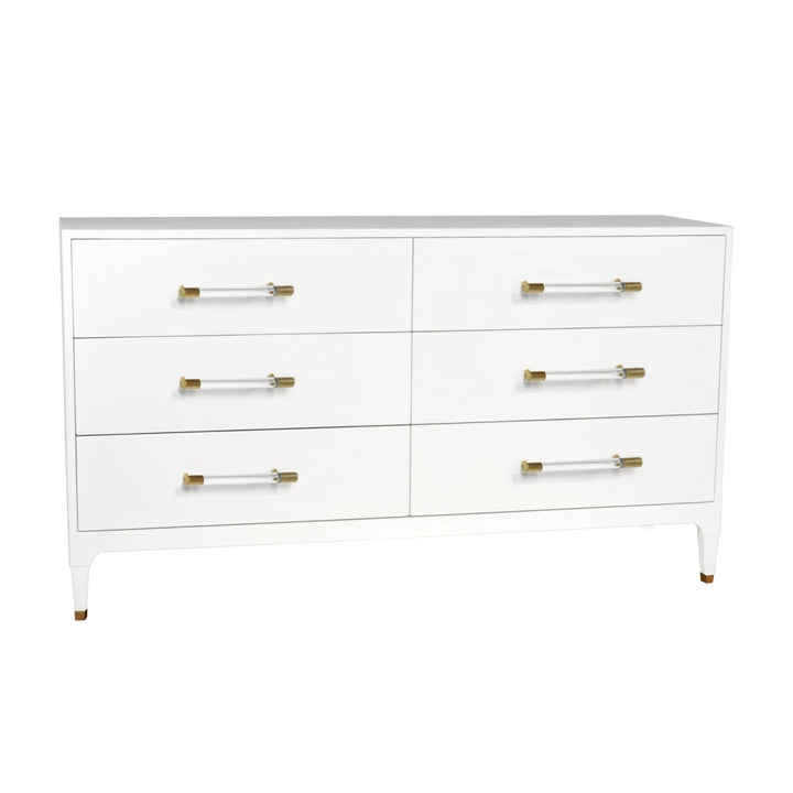 Six Drawer Chest In Textured White Linen With Antique Brass And Acrylic Hardware - MAREN WHL