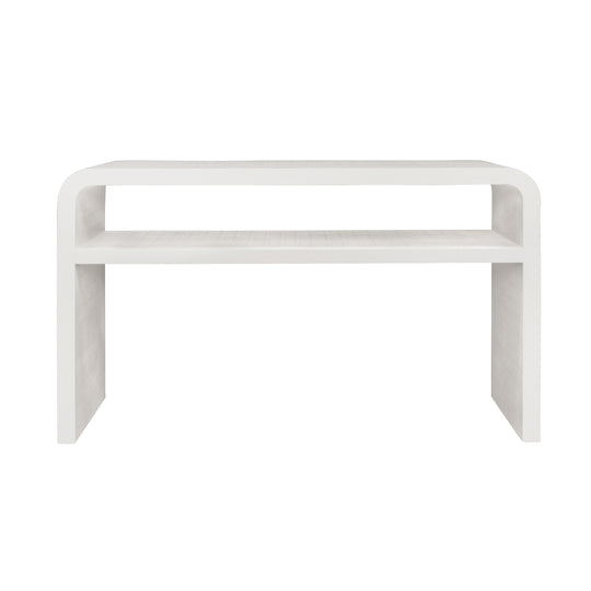 Waterfall Edge Two Tier Console Table In Textured White Linen - MARSHALL WH