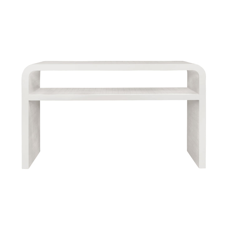 Waterfall Edge Two Tier Console Table In Textured White Linen - MARSHALL WH