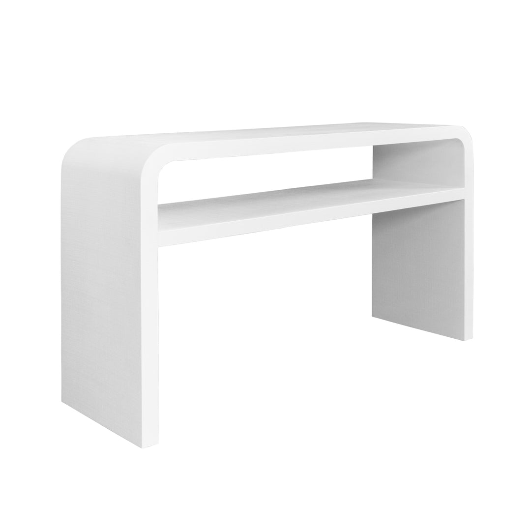 Waterfall Edge Two Tier Console Table In Textured White Linen - MARSHALL WH