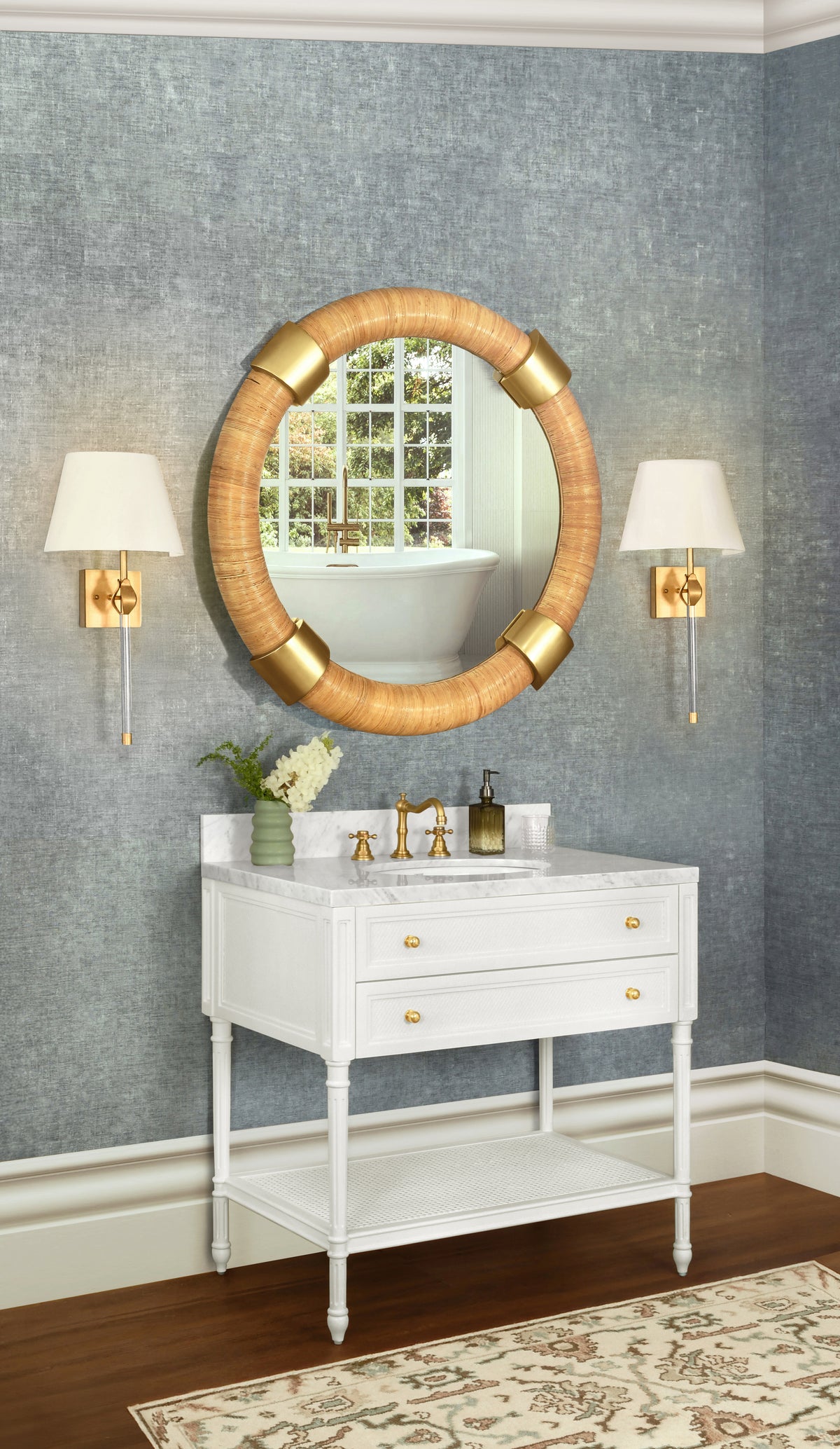 Bath Vanity With Fluted Leg And Open Cane Shelf, One Opening Drawer (Bottom) With Painted Grasscloth Detail And Brass Ball Hardware In Matte White Lacquer - MARTHA WH
