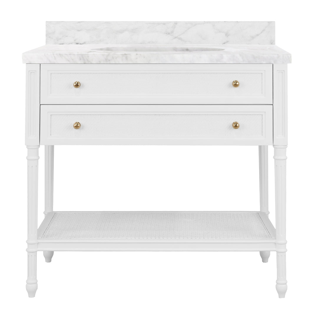 Bath Vanity With Fluted Leg And Open Cane Shelf, One Opening Drawer (Bottom) With Painted Grasscloth Detail And Brass Ball Hardware In Matte White Lacquer - MARTHA WH
