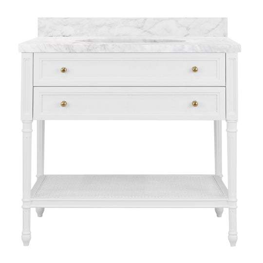 Bath Vanity With Fluted Leg And Open Cane Shelf, One Opening Drawer (Bottom) With Painted Grasscloth Detail And Brass Ball Hardware In Matte White Lacquer - MARTHA WH