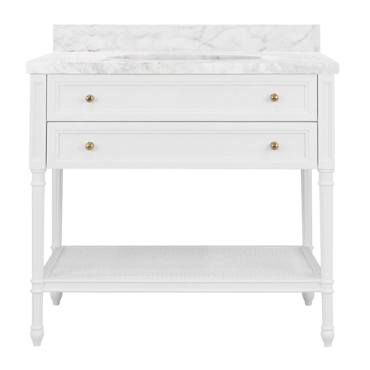 Bath Vanity With Fluted Leg And Open Cane Shelf, One Opening Drawer (Bottom) With Painted Grasscloth Detail And Brass Ball Hardware In Matte White Lacquer - MARTHA WH