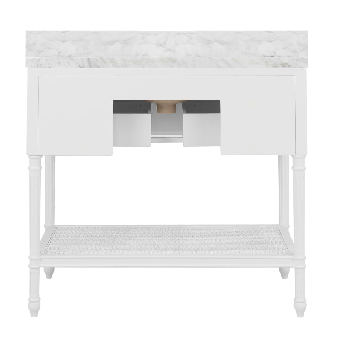 Bath Vanity With Fluted Leg And Open Cane Shelf, One Opening Drawer (Bottom) With Painted Grasscloth Detail And Brass Ball Hardware In Matte White Lacquer - MARTHA WH