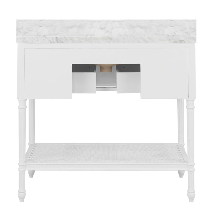 Bath Vanity With Fluted Leg And Open Cane Shelf, One Opening Drawer (Bottom) With Painted Grasscloth Detail And Brass Ball Hardware In Matte White Lacquer - MARTHA WH