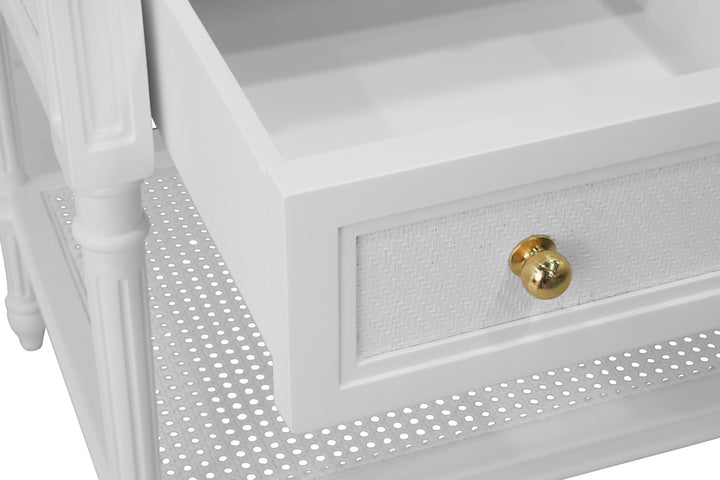Bath Vanity With Fluted Leg And Open Cane Shelf, One Opening Drawer (Bottom) With Painted Grasscloth Detail And Brass Ball Hardware In Matte White Lacquer - MARTHA WH
