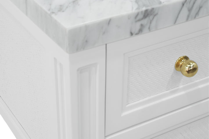 Bath Vanity With Fluted Leg And Open Cane Shelf, One Opening Drawer (Bottom) With Painted Grasscloth Detail And Brass Ball Hardware In Matte White Lacquer - MARTHA WH