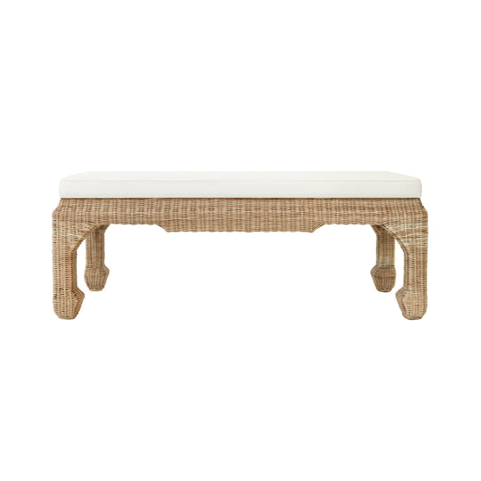 Ming Style Bench In Woven Rattan With Ivory Linen Cushion - MASSEY