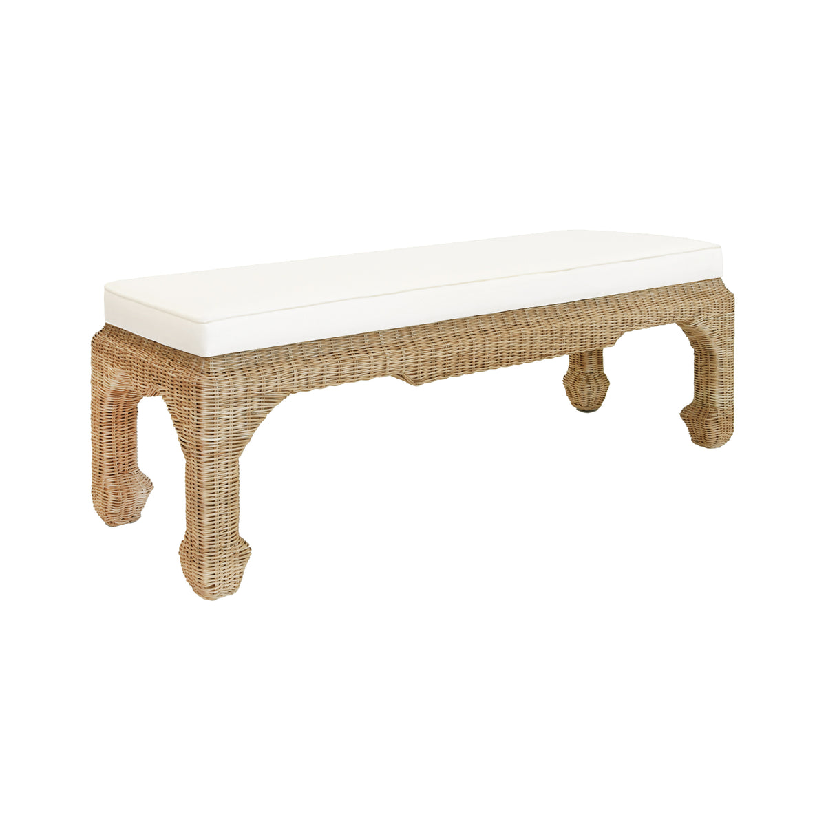 Ming Style Bench In Woven Rattan With Ivory Linen Cushion - MASSEY