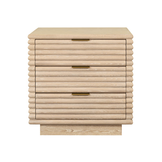 Three Drawer Side Table With Antique Brass Hardware And Large Horizontal Reeds In Cerused Oak - MATEO CO