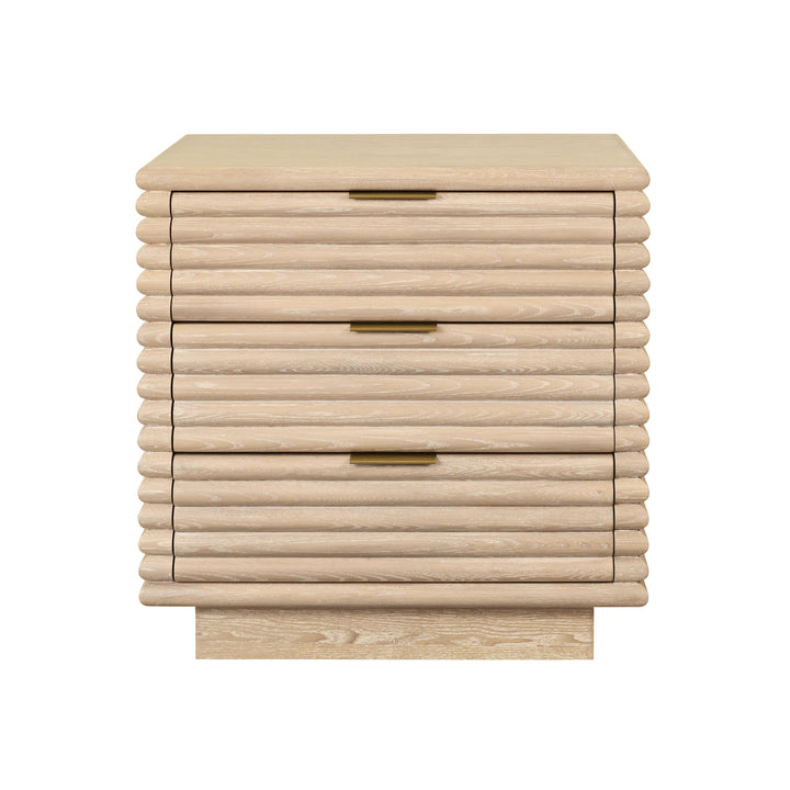 Three Drawer Side Table With Antique Brass Hardware And Large Horizontal Reeds In Cerused Oak - MATEO CO