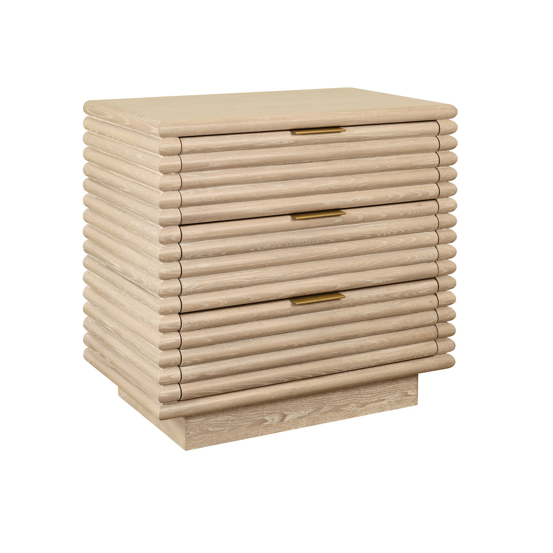 Three Drawer Side Table With Antique Brass Hardware And Large Horizontal Reeds In Cerused Oak - MATEO CO